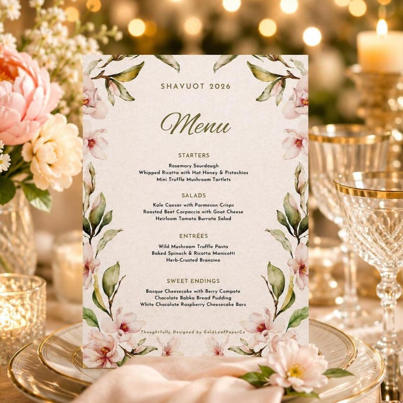 Shavuot Holiday Shabbat Shabbos Table Menu Template, Editable Printable ...