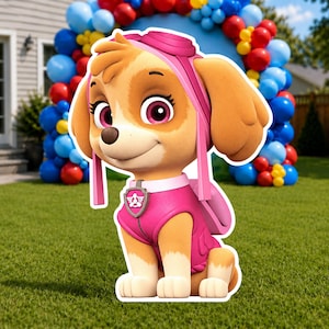 Peut inclure: Une découpe du personnage de dessin animé Skye de la Pat' Patrouille, représentant un chiot beige et blanc portant un gilet rose, des lunettes roses et un badge argenté. Le personnage a de grands yeux marron et est assis avec une expression amicale.