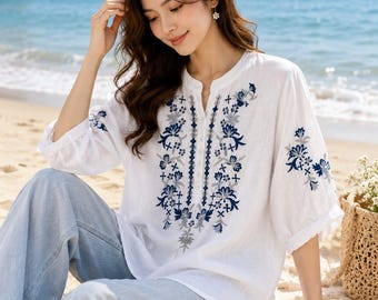 Frauen Weiß Bestickte Leinen Bluse, Loose Fit Sommer Top, Casual Shirt Beach Wear