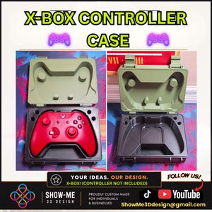 May include: A hard-shell carrying case for an Xbox controller, featuring a molded interior with a red controller inside one version and an empty black interior in another. The text reads X-BOX CONTROLLER CASE, YOUR IDEAS. OUR DESIGN.