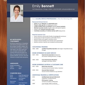 Könnte beinhalten: Ein professioneller Lebenslauf für Emily Bennett mit dunkelblauem und grauem Kopfbereich, einem Porträtfoto sowie Abschnitten zu Serviceerfahrung, Berufsausbildung, Arbeitsverlauf, Sprachen und Computerkenntnissen auf weißem Papier.