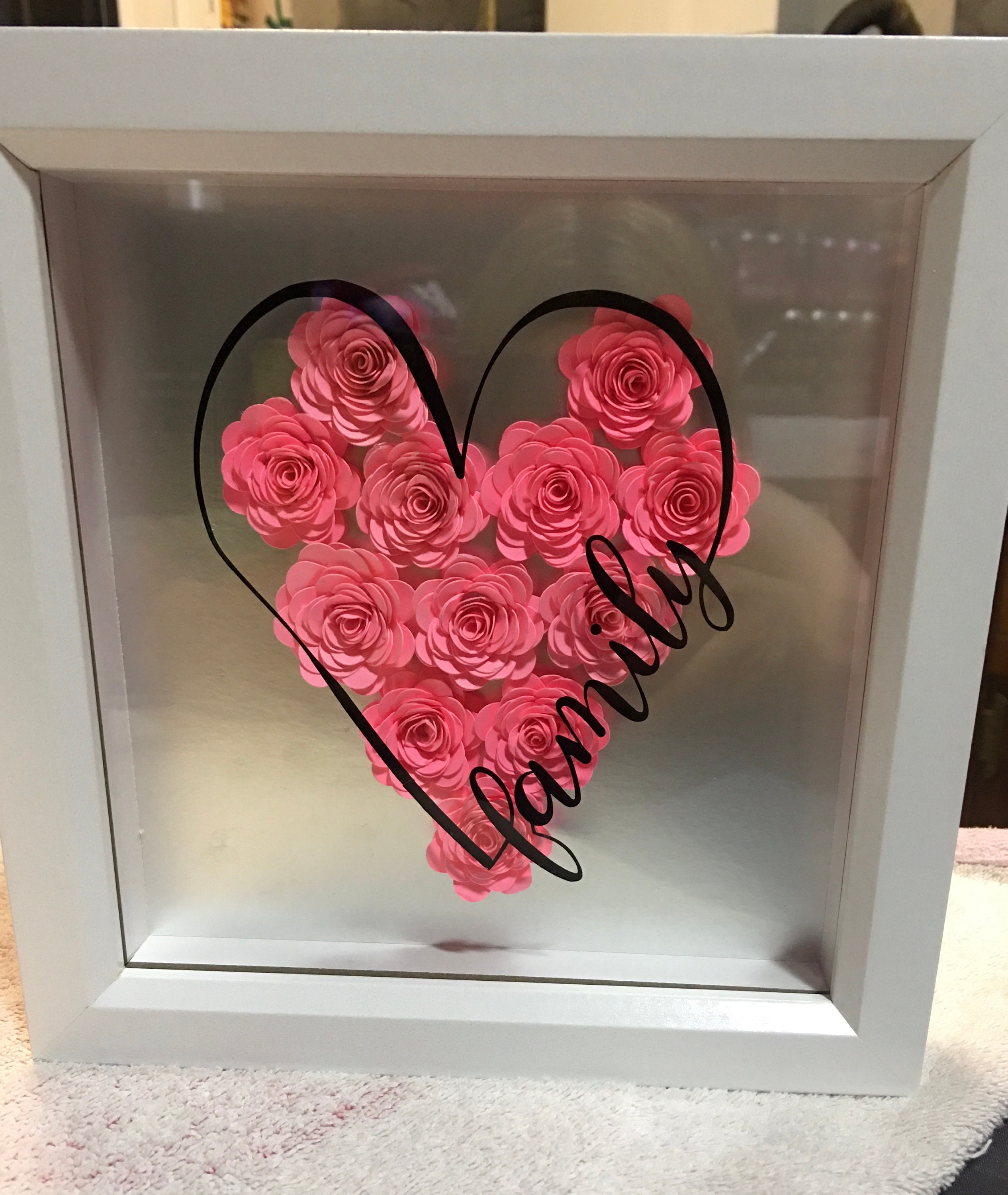 Family 3D Box Frame, Roses, Heart, Wall Hanging , Picture, Pink ...