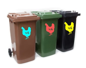3 X Chicken design wheelie bin numbers, stickers/decals, any size  or colour, trash can identity, organised house number