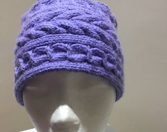 Lavender, knitted, warm cable pattern hat.  Handmade in UK
