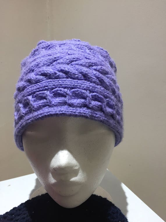 Handmade knit cabled purple hat Handmade purple cable beanie for sale main image 4