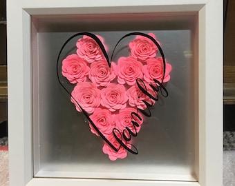 Family 3D box frame, roses, heart, wall hanging , picture, pink, personalised, custom