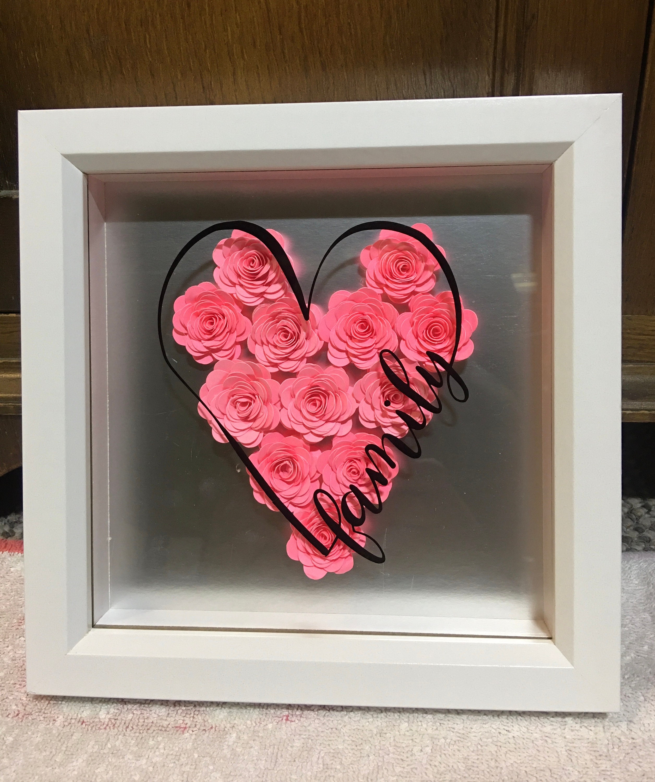 Family 3D Box Frame, Roses, Heart, Wall Hanging , Picture, Pink ...