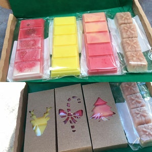 May include: A gift box containing wax melts in various colors and shapes. The top row features red, yellow, and pink wax melt bars, along with small, square melts. The bottom row shows brown cardboard packaging with cut-out designs of a reindeer, candy cane, and Christmas tree.