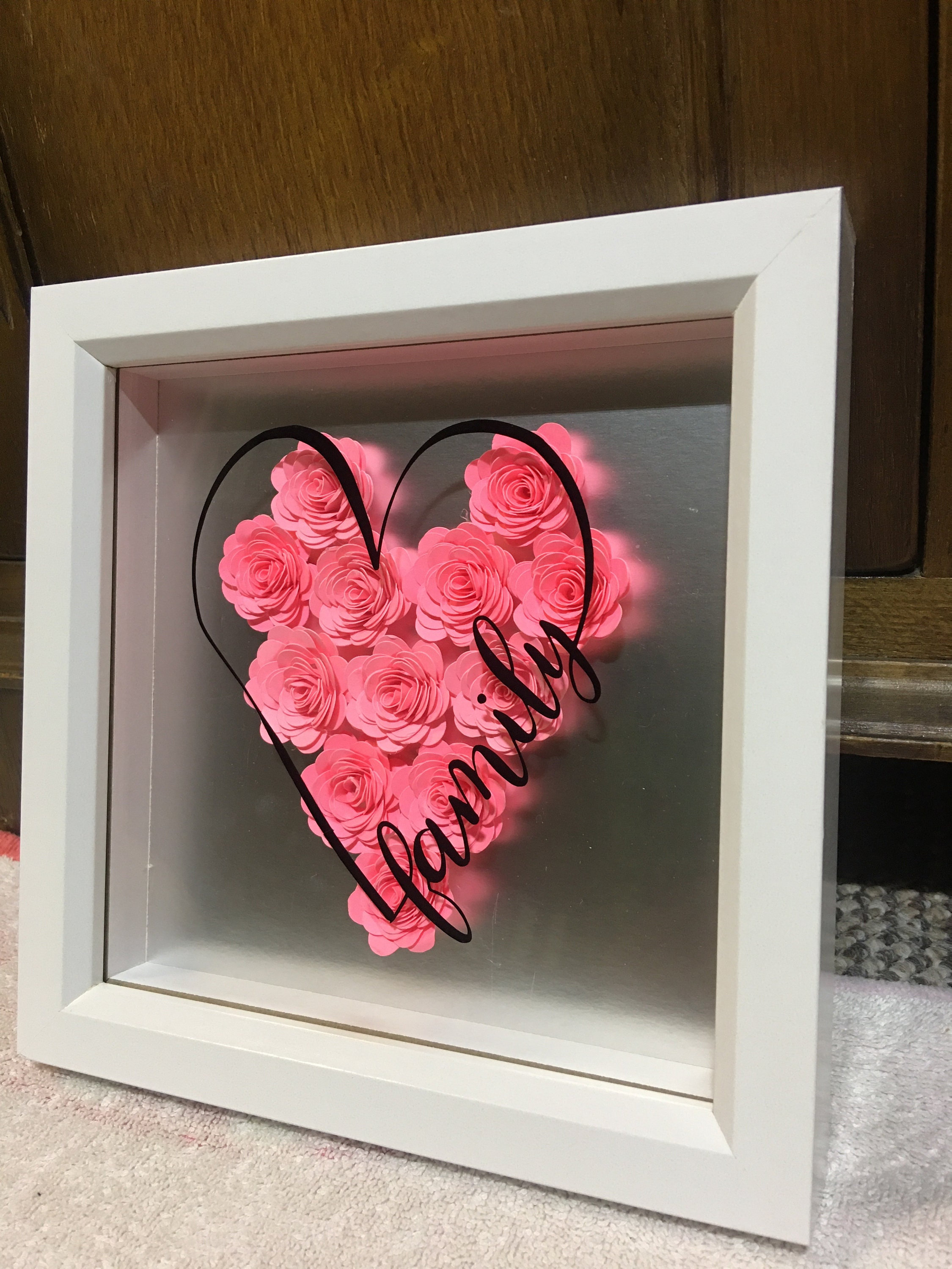 Family 3D Box Frame, Roses, Heart, Wall Hanging , Picture, Pink ...