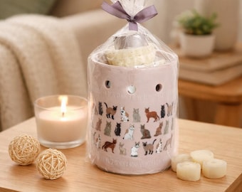 Cat Design Ceramic Wax Melt Burner Starter Set, Handmade Soy Wax