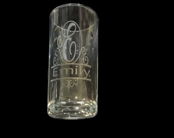 Hand etched personalised drinking glass, name and initial