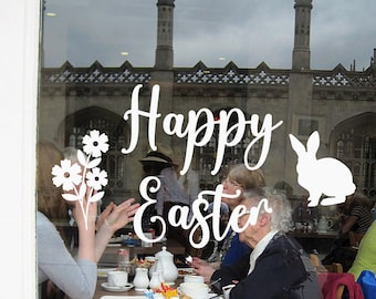 Happy Easter Window Decal | Spring Bunny and Flowers Shop Decor