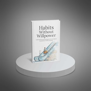Op de afbeelding: Een wit hardcover boek getiteld Habits Without Willpower met de ondertitel Understand the psychological and neurological foundations of habit formation. De kaft bevat een aquarelillustratie van een persoon op een roltrap.