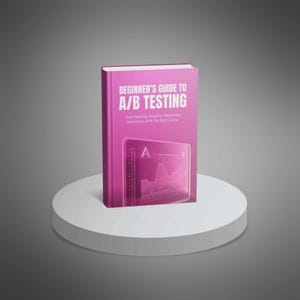 Może przedstawiać: Różowa książka w twardej oprawie zatytułowana Beginner's Guide to A/B Testing: Start Making Smarter Marketing Decisions with the Right Data. Okładka zawiera białą grafikę tabletu cyfrowego z wykresem liniowym oraz etykietami A i B.