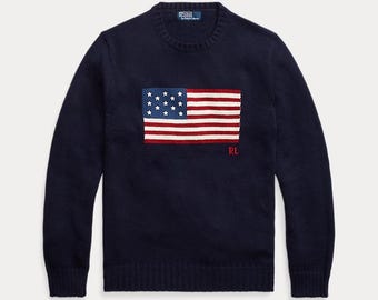 Vintage Polo USA Flag sweater | Ralph Lauren Knit Pullover | Classic Teddy Bear Crewneck