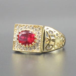 Bague en argent sterling 925 fait main rouge rubis - chevalière en filigrane plaqué or - chevalière halo rectangle - bijoux vintage avec pierre de naissance de juillet