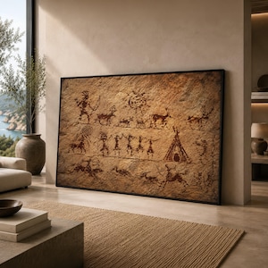 May include: A rectangular wall art piece in a black frame featuring a textured, tan-colored surface with dark brown prehistoric-style cave paintings. The artwork depicts various figures, including humans, animals, a sun, and a conical structure.