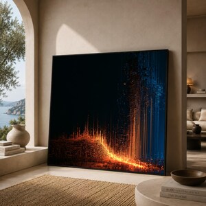 Puede incluir: Una pieza de arte mural cuadrada en un marco negro que presenta una composición digital abstracta con rayas verticales de luz naranja brillante y azul profundo sobre un fondo negro sólido, creando un efecto brillante y texturizado.