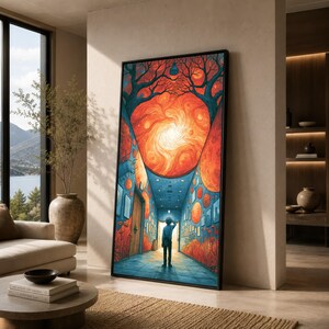 Lienzo impreso con diseño surrealista de pasillo cósmico, arte mural de corredor celestial en tonos naranja y azul (opciones con marco).