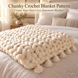 Puede incluir: Una manta de ganchillo gruesa de color crema con grandes puntos trenzados y pequeñas borlas en el borde. El texto "Chunky Crochet Blanket Pattern" y "Create Your Own Cozy Statement Blanket" es visible en la parte superior de la imagen.