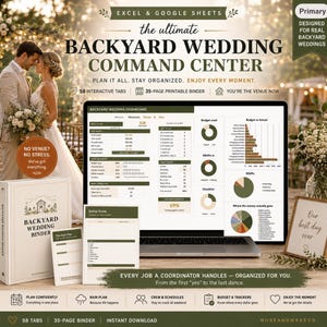 May include: A digital wedding planning tool for Excel and Google Sheets titled The Ultimate Backyard Wedding Command Center, featuring a laptop displaying a dashboard, a printed binder, and planning sheets with green and white color schemes.