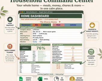Household Command Center Spreadsheet | Excel & Google Sheets Family Planner, Meal Planner, Budget, Chore Tracker | Digital Home Binder