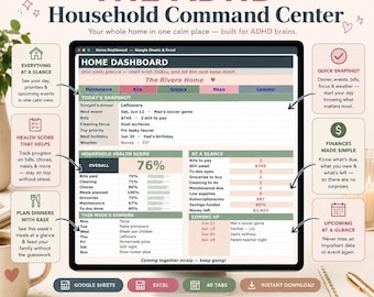 May include: A digital household command center dashboard displayed on a computer screen, featuring sections for maintenance, bills, groceries, meals, and a calendar. The interface includes a household health score, a weekly dinner planner, and a snapshot of upcoming events, all organized in a clean, color-coded layout with text labels.