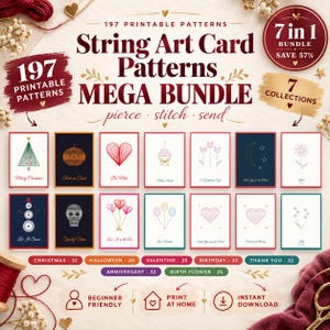 Bundel met sjablonen voor string art-kaarten, 197 printbare sjablonen voor kaarten met prik- en steektechniek, Kerstmis, Halloween, Valentijnsdag, verjaardag, bedankjes (PDF)