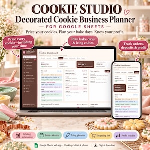 Può includere: Un pianificatore aziendale digitale Cookie Studio per Google Sheets visualizzato su un laptop e uno smartphone. L'interfaccia presenta una dashboard con sezioni per entrate, biscotti venduti, profitto netto e un calendario di cottura.