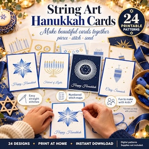 May include: A set of 24 printable string art Hanukkah cards featuring blue and gold geometric patterns, menorahs, and stars. The cards include text such as Happy Hanukkah, Festival of Lights, and Chag Sameach, with numbered stitch maps for crafting.