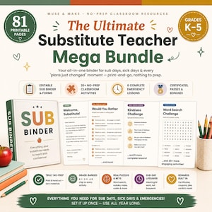 Könnte beinhalten: Ein digitales Ressourcenpaket mit dem Titel The Ultimate Substitute Teacher Mega Bundle für die Klassen K-5. Es enthält 81 druckbare Seiten, einen Ordner, Unterrichtsaktivitäten, Notfalllektionen, Zertifikate und Pässe in neutralen Farben.
