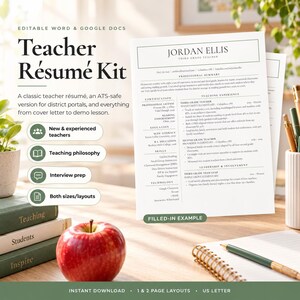May include: A digital teacher CV kit template featuring a filled-in example document for Jordan Ellis, a third grade teacher. The kit includes sections for professional summary, teaching experience, education, skills, and leadership.