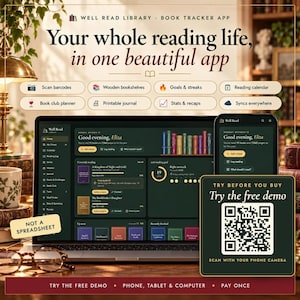 May include: A digital interface for the Well Read Library book tracker app displayed on a laptop and smartphone screen. The dark-themed dashboard shows reading progress, book lists, and goals. A square QR code graphic invites users to try the free demo.