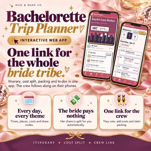 Peut inclure: Une application web interactive de planification de voyage affichée sur deux smartphones. L'interface présente un itinéraire, une répartition des coûts et une gestion des tâches. Le texte inclut Muse & Make Co., Bachelorette Trip Planner, One link for the whole bride tribe, Every day, every theme, The bride pays nothing, et One link for the crew.