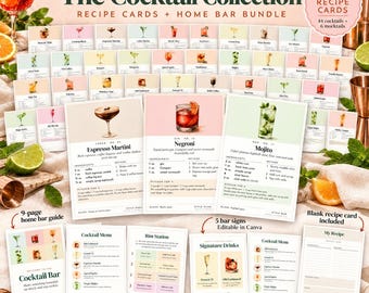Könnte beinhalten: Eine Sammlung von 50 Cocktail-Rezeptkarten und ein Home-Bar-Set mit 44 Cocktails und 6 Mocktails. Das Set enthält 5x7 Zoll große Rezeptkarten, einen 9-seitigen Bar-Guide, 5 bearbeitbare Bar-Schilder und eine leere Rezeptkarte für eigene Drinks.
