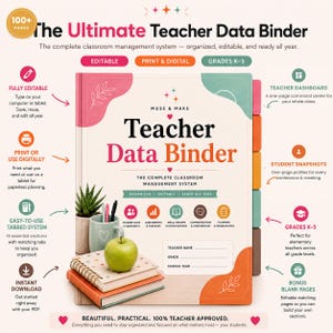 May include: A Teacher Data Binder with a colorful cover featuring the text "The Ultimate Teacher Data Binder" and "Muse & Make". The binder includes tabbed sections, a green apple, a succulent in a mug, and a spiral notebook on the front cover.
