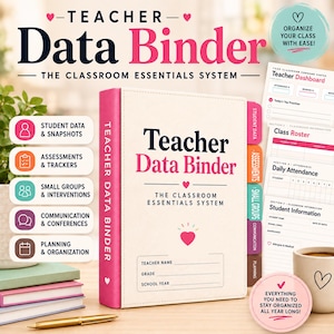 Może przedstawiać: Kremowy segregator na dane nauczyciela z różowym grzbietem, zawierający napis Teacher Data Binder oraz The Classroom Essentials System. Posiada kolorowe zakładki do danych uczniów, ocen, małych grup, komunikacji i planowania.