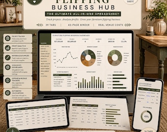 May include: A digital business management spreadsheet for furniture flipping displayed on a laptop, tablet, and printed page. The interface features charts, profit analytics, project trackers, and goal dashboards with text including Furniture Flipping Business Hub.