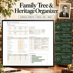Family Tree Spreadsheet, Genealogy Organizer, Ancestor Chart & Research Log, Heritage Keepsake Printables, Google Sheets and Excel
