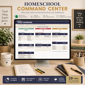 May include: A computer monitor displaying a digital homeschool command center dashboard with tables for lessons, assignments, and goals. The screen shows the text Family Dashboard and Friday, July 24, 2026. The setup includes a mug, notebooks, and pens.