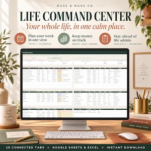 May include: A digital life command center dashboard displayed on a computer monitor, featuring organized sections for weekly tasks, calendars, budget tracking, and household administration. The interface includes tables for planning, financial tracking, and life admin.