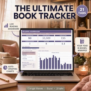 May include: A digital book tracker displayed on a laptop screen, featuring a reading dashboard with statistics, goal progress, and auto-updating charts. The interface includes 21 tabs, reading metrics, and a year-in-books summary for Google Sheets and Excel.
