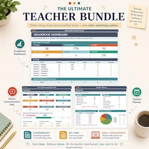 May include: A digital teacher bundle featuring a Gradebook Command Center, Parent Communication Hub, and Teacher Planner. The interface displays data tables, charts, and metrics for student performance, attendance, and communication tracking.