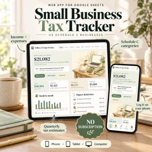 Pode incluir: Uma aplicação web de rastreamento de impostos para pequenas empresas no Google Sheets exibida num tablet e smartphone. A interface mostra dados financeiros, lucro líquido, estimativas de impostos e categorias de despesas. O texto inclui Willow & Sage Design, No Subscription e ícones de telefone, tablet e computador.