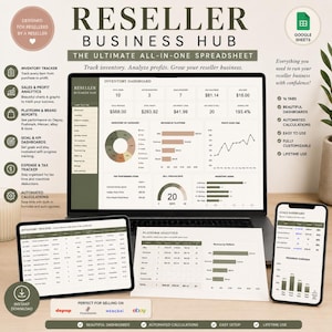 Op de afbeelding: Een digitaal spreadsheet voor een doorverkoopbedrijf, weergegeven op een laptop, tablet en smartphone. Het scherm toont een voorraaddashboard met grafieken en financiële gegevens. De tekst bevat Reseller Business Hub, The Ultimate All-In-One Spreadsheet en logo's voor Depop, Poshmark, Mercari en eBay.