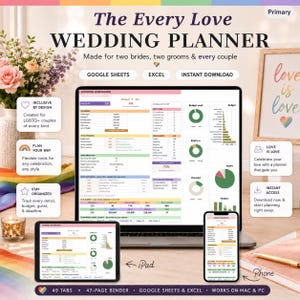 May include: The Every Love Wedding Planner digital template displayed on a laptop, tablet, and smartphone. The interface features a wedding dashboard with budget trackers, RSVP charts, and checklists. Text includes Google Sheets, Excel, and Instant Download.