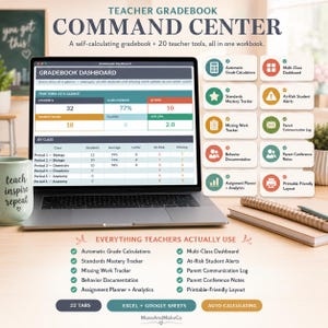 May include: A digital teacher gradebook command center displayed on a laptop screen, featuring a dashboard with class averages, at-risk student alerts, and missing work trackers. The interface includes tabs for automatic grade calculations.