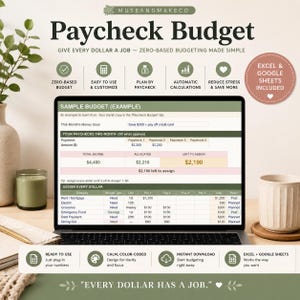 May include: A digital paycheck budget spreadsheet displayed on a laptop screen, featuring columns for income, allocated funds, and expenses. The interface includes sections for monthly goals, paycheck amounts, and a detailed table to assign every dollar.