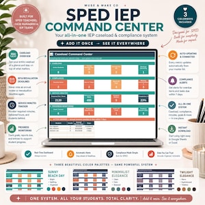 May include: A digital SPED IEP Command Center dashboard displayed on a laptop screen, featuring organized sections for caseload, compliance, service minutes, and progress monitoring with color-coded metrics and student data tables for tracking.
