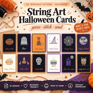 Puede incluir: Un conjunto de 20 tarjetas imprimibles de arte con hilo para Halloween con diseños de calabazas, fantasmas, gatos y calaveras. Las tarjetas muestran textos como Trick or Treat, Boo y Spooky Vibes. Incluye instrucciones para perforar y coser.